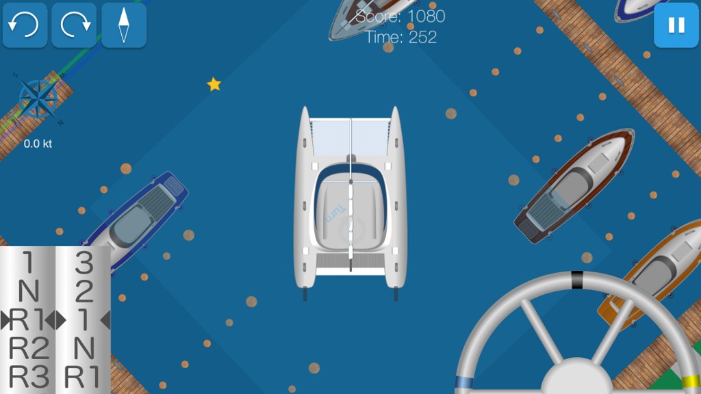 Scene from the Hafenskipper app: maneuvering the new catamaran.