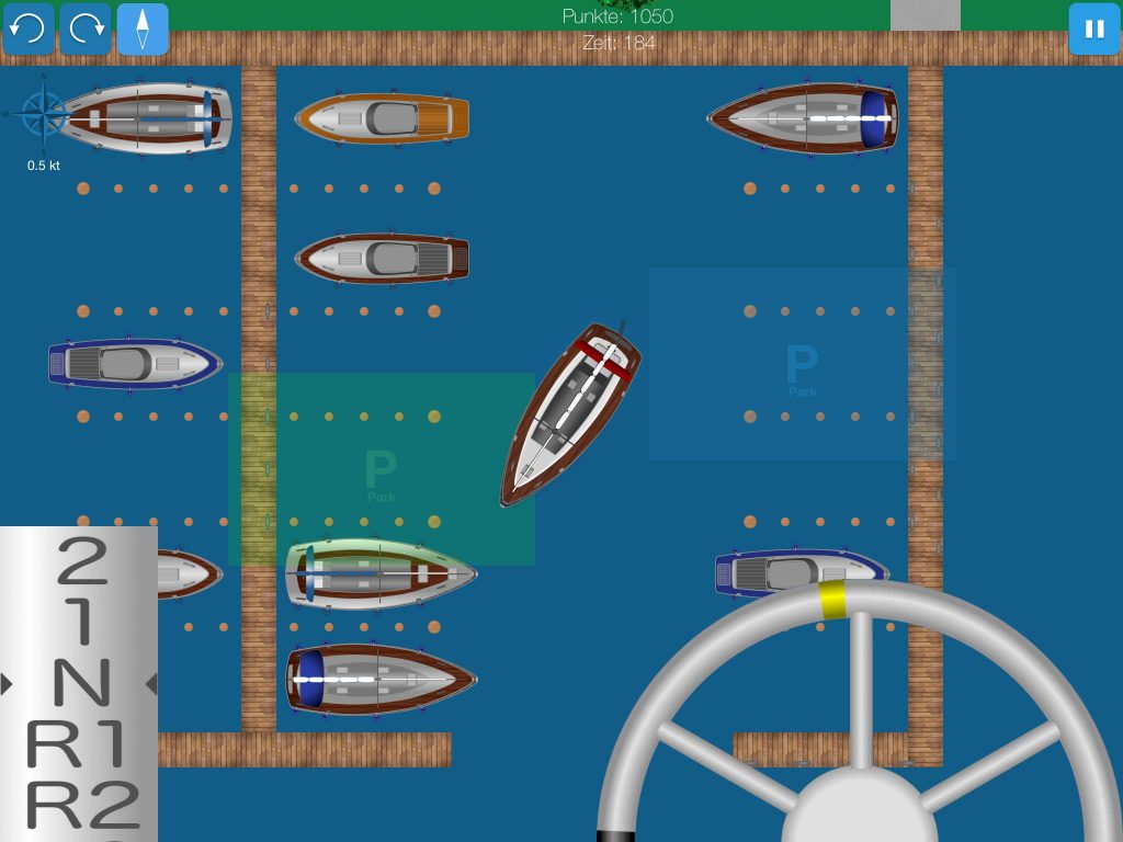 Screenshot of sailing yacht with left-handed propeller docking in the mooring slip.